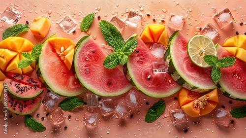  Watermelon slices with lime and mint on ice cubes against a pink background