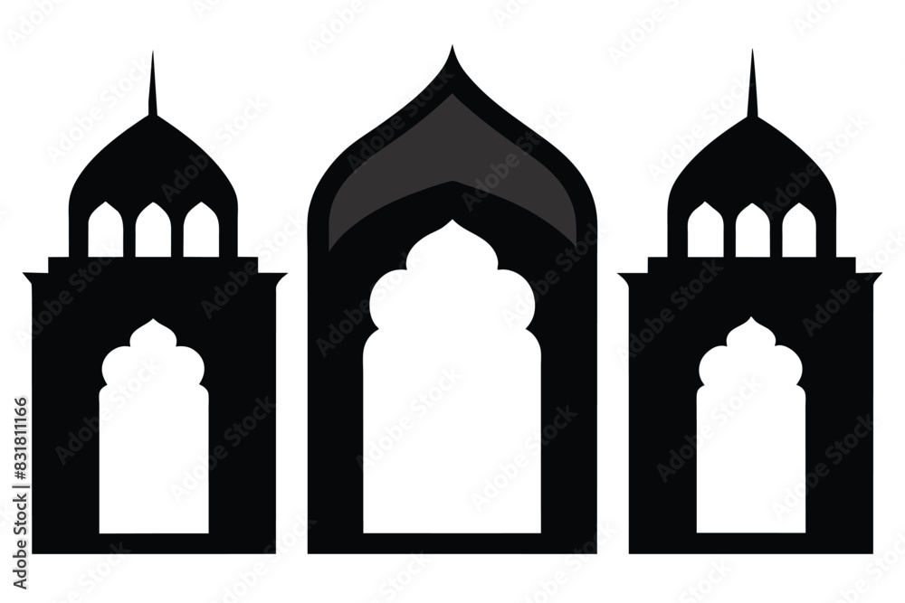 Set of Solid black Collection of oriental style Islamic arches and windows on white background
