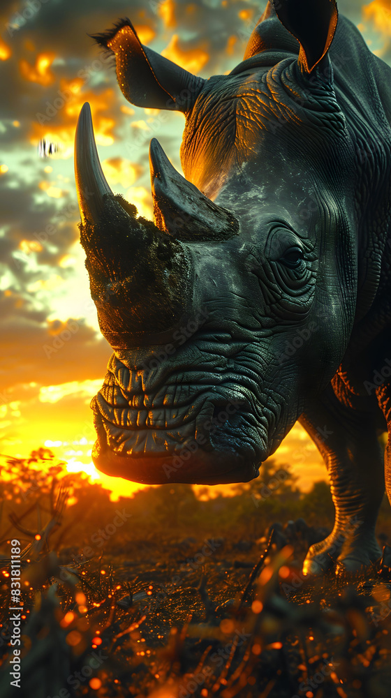 A rhinoceros is grazing in a field with a vibrant sunset in the background, casting a warm glow over the scene