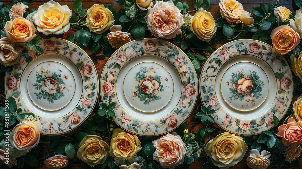   A table topped with plates and flowers atop a table covered in green leaves and red and yellow flowers