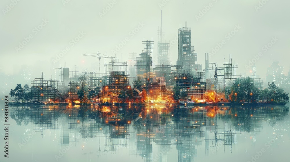 A futuristic cityscape reflecting in water with bright, glowing lights and towering structures, depicting urban progress and modern architecture. A futuristic cityscape reflecting in water with bright, glowing lights and towering structures, depicting urban progress and modern architecture.