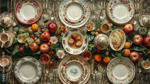  A table adorned with plates and bowls, topped with fruit on the upper surface and bottom with fruit