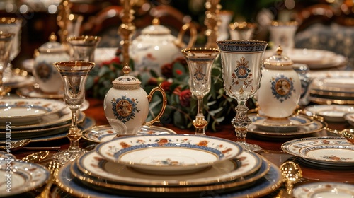  A table with various dishes such as plates and cups surrounding a central vase