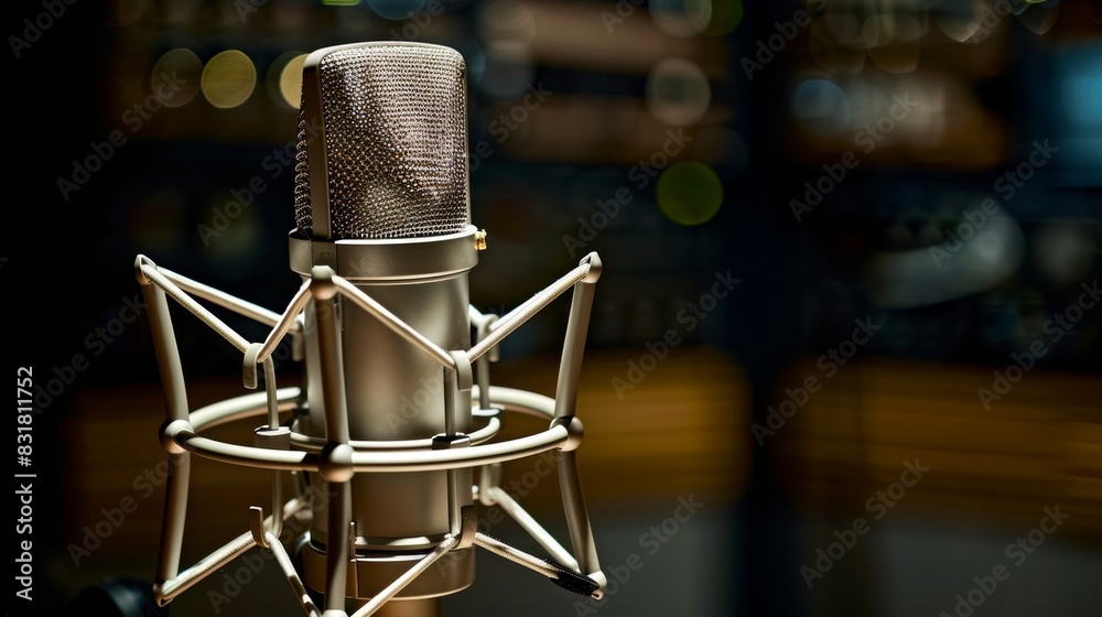 Professional podcast microphones setup against dramatic dark background, ideal for media discussions Professional podcast microphones setup against dramatic dark background, ideal for media discussions