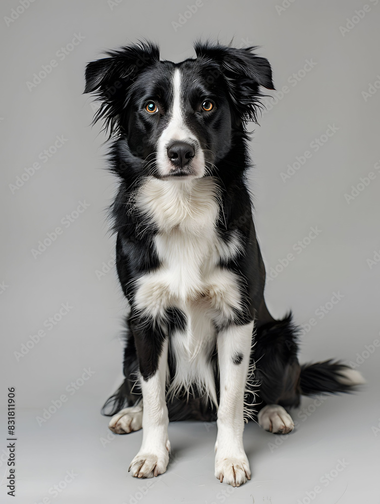 A black and white dog is in a sitting position on the ground