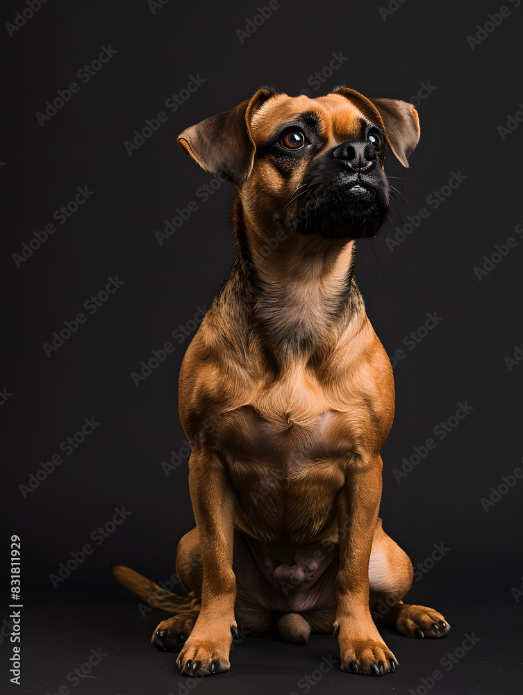 A small brown dog is seated on top of a black floor A small brown dog is seated on top of a black floor