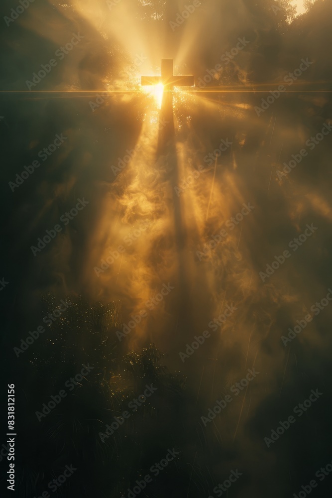 Religious decorative paintings, crosses and angel wings, before the transparent Dundar effect, sunlight through the thin fog, creating a soft divine illumination,