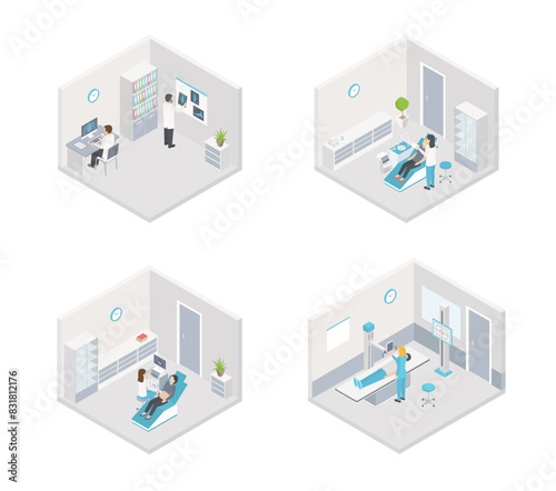 Isometric buildings. City urban infrastructure, residential, industrial, private houses, plant or factory, office skyscrapers set.