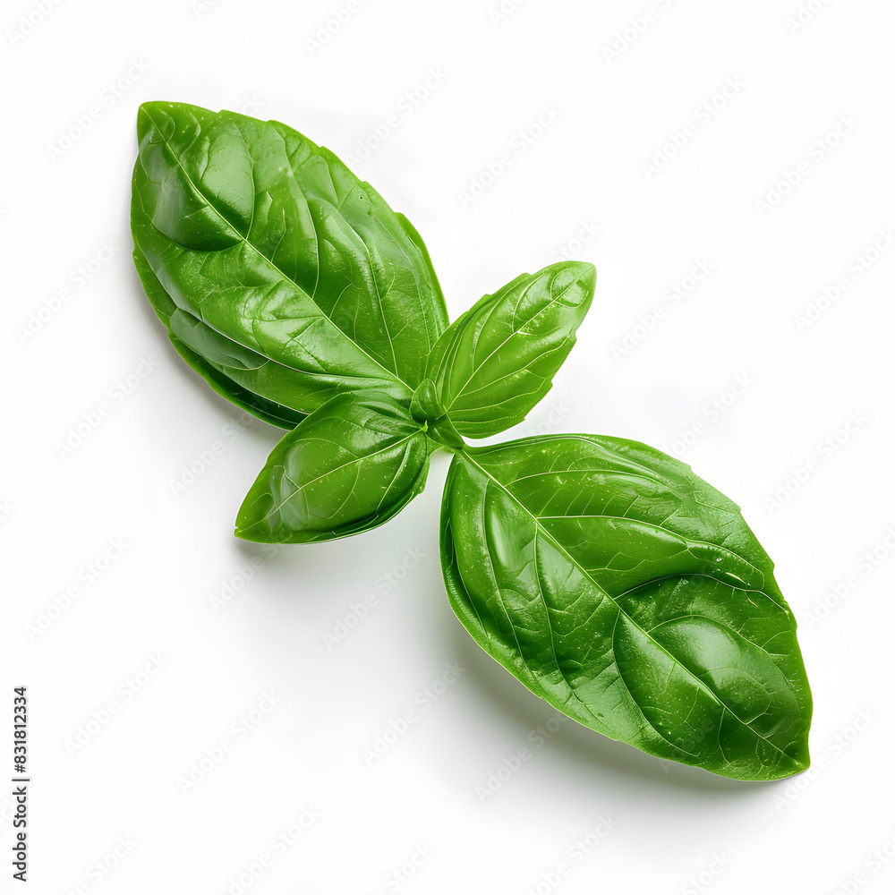 Fototapeta premium Two fresh green basil leaves placed on a plain white surface