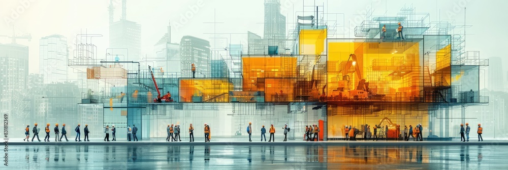 Abstract illustration depicting modern city life with vibrant colors, architectural elements, and people walking by. Urban and dynamic scene.