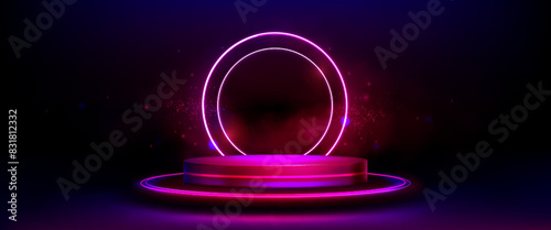 3d pink neon light podium bg. Glow game platform with digital led effect. Futuristic hologram abstract background with round stand. Realistic laser presentation for casino winner display vector
