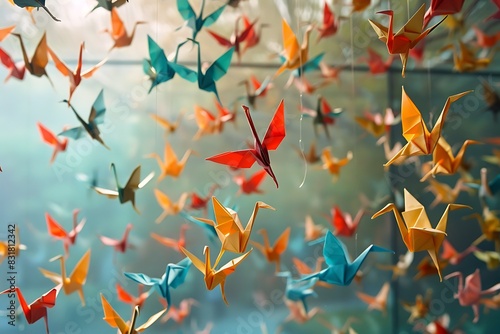 A sudden dispersal of hundreds of tiny origami cranes photo