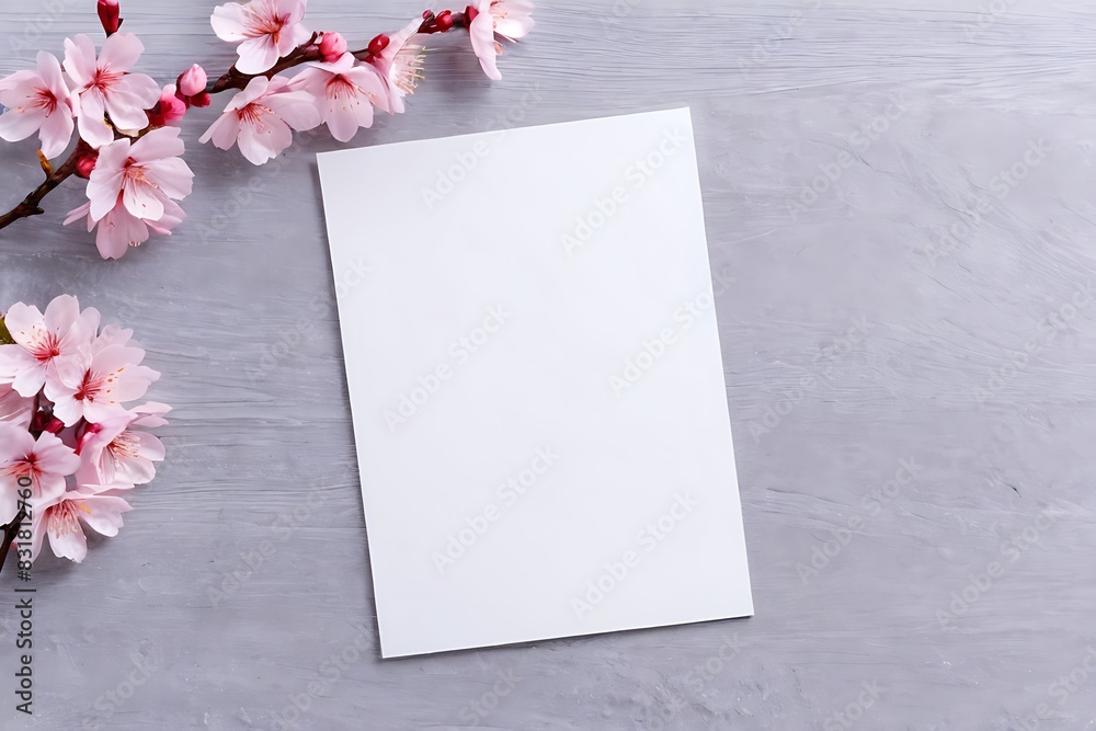 Greeting card, invitation card Concept template. Empty white paper with sakura flower beside the paper Greeting card, invitation card Concept template. Empty white paper with sakura flower beside the paper