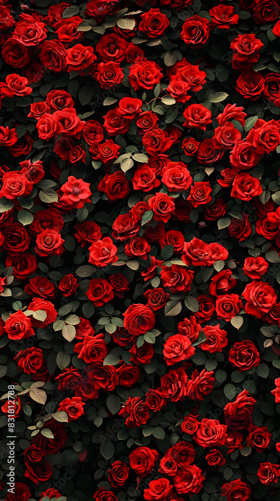 A cluster of vibrant red roses firmly attached to a wall, creating a striking display of beauty and elegance A cluster of vibrant red roses firmly attached to a wall, creating a striking display of beauty and elegance