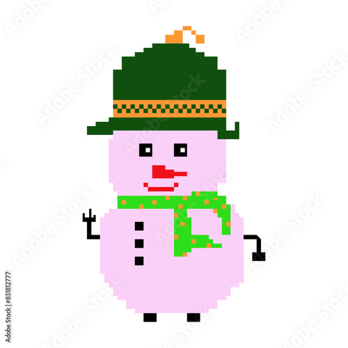 Beautiful snowman pixel art , design for wrapping paper, fabric  pattern, background, card, coupons, banner, for decorated the Merry Christmas and Happy New Year. © bambambu