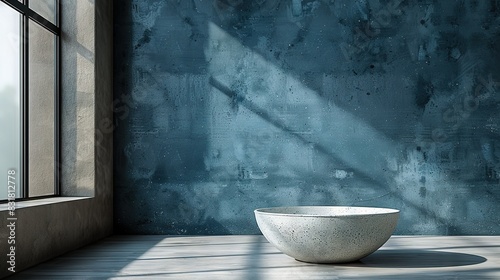   A white bowl sits atop a wooden table, casting a shadow against the window's wall