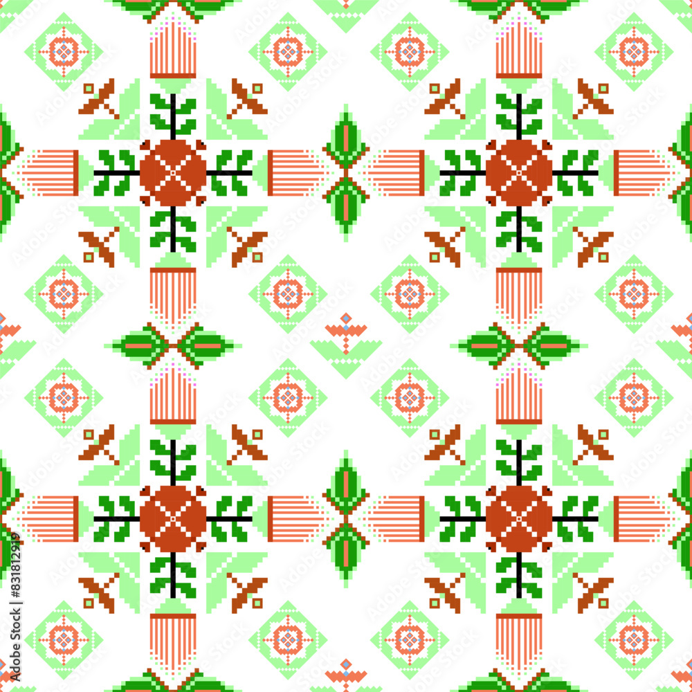 Geometric ethnic floral pixel art embroidery, Aztec style, abstract background design for fabric, clothing, textile, wrapping, decoration, scarf, print, wallpaper, table runner.