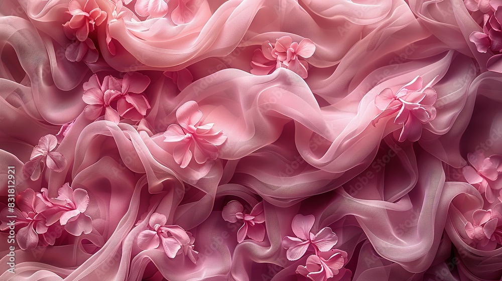 Pink flowers in a fairy tale-like scene with a white and pink background Pink flowers in a fairy tale-like scene with a white and pink background