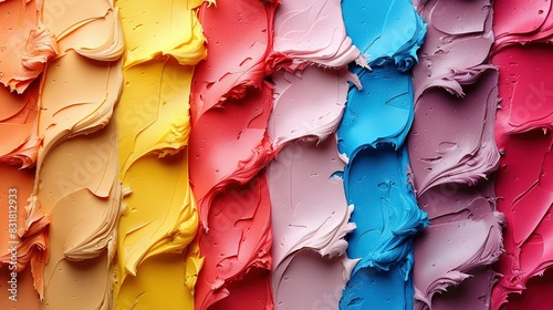  A close-up of a vibrant wall with various tones of blue, red, yellow, pink, orange, and green paint
