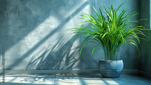   A potted plant sits on a tile floor, casting a shadow against the wall behind it photo