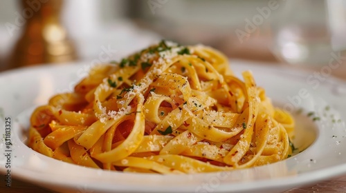 Plate of freshly made pasta with sauce focus on, focus on comfort, realistic, Multilayer, Italian restaurant backdrop