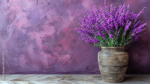  A vase of purple flowers rests on a wooden table against a purple backdrop and wooden floor