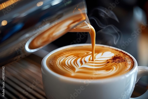 Barista pouring latte art in a coffee cup focus on, focus on craftsmanship, vibrant, Manipulation, coffee shop backdrop photo