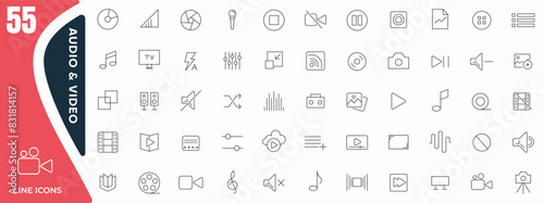 Audio and Video line icons set. Media, camera movie, voice, radio, music streaming, photography, headphones, cinema, podcast, broadcasting, content outline icon collection. Outline icon pack.