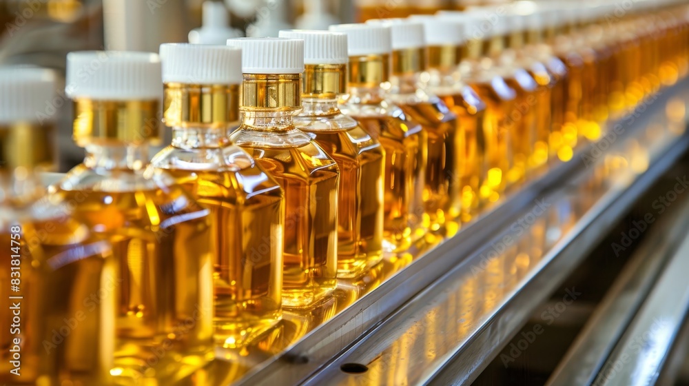 Modern automated perfume factory with conveyor line for cosmetic oil production and bottling process Modern automated perfume factory with conveyor line for cosmetic oil production and bottling process
