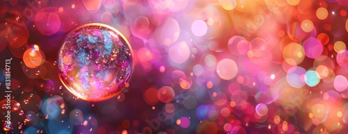 Top-down perspective of a lustrous bubble amidst a dynamic splash of serum, with vibrant bokeh lights creating an ethereal atmosphere, digital painting style photo