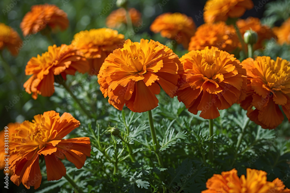Vibrant Orange Marigolds in a garden. Orange flowers in the garden. Spring season. Summer season. Vibrant Orange Marigolds in a garden. Orange flowers in the garden. Spring season. Summer season.