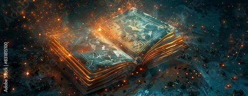 Mystical glowing book with golden pages, ancient magic, fantasy art. photo