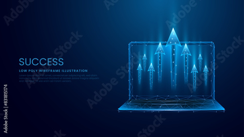 laptop with rising arrows in futuristic style. Success and growth concept with arrows going upwards. Low Poly Wireframe Vector Illustration on Technological Blue Background. 