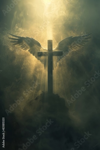 Religious decorative paintings, crosses and angel wings, before the transparent Dundar effect, sunlight through the thin fog, creating a soft divine illumination, photo