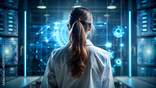 Eine Frau in einem weißen Kittel arbeitet konzentriert in einem modernen Labor mit futuristischen Displays, um experimentelle Forschung in Biologie und Medizin voranzutreiben