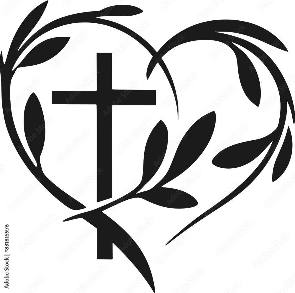 Abstract silhouette Christian cross inside the heart / black and white religious cross