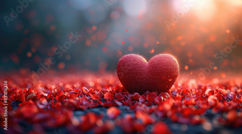 A red heart sits on a bed of red petals, bathed in soft, golden light