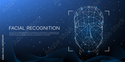 Face recognition technology. Vector 3d geometric wireframe of human head on dark blue background with network of connecting dots and lines, symbolizing face scan, digital connections and security