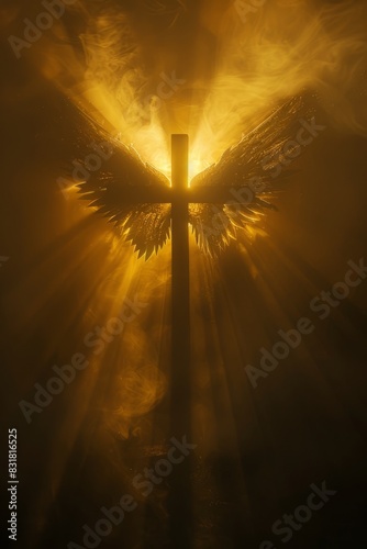 Religious decorative paintings, crosses and angel wings, before the transparent Dundar effect, sunlight through the thin fog, creating a soft divine illumination, photo