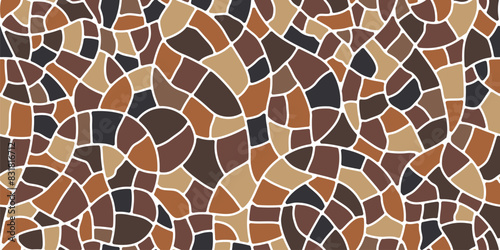 Mosaic stone tile pattern, brown paving floor. Vector ground background with arranged black and earthy pebbles creating textured cobblestone or rubble rocks surface with natural colors and shapes