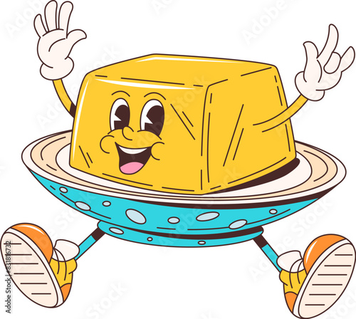 Cartoon retro groovy butter character. Isolated vector delightful vibrant pat of butter breakfast personage on a plate jump in air with a joyful face expression, waving hands and sneaker-clad feet