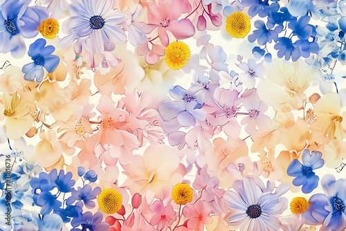  A soft pastel watercolor seamless pattern of delicate spring flowers like daisies, roses and peonies in full bloom with petals in various colors including light pink, yellow, blue and white on an iso