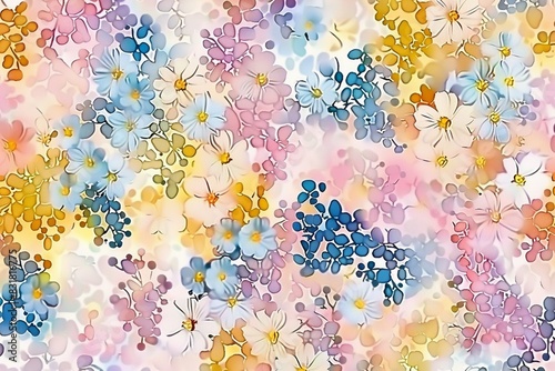  A soft pastel watercolor seamless pattern of delicate spring flowers like daisies, roses and peonies in full bloom with petals in various colors including light pink, yellow, blue and white on an iso