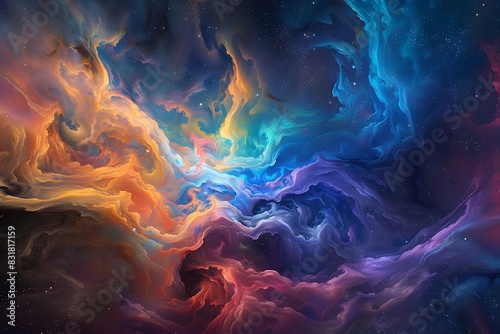 A swirling nebula filled with vibrant colors and gaseous tendrils.