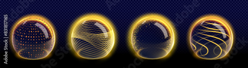 3d sphere shield with abstract barrier effect vector. Energy dome with glass circle space to protect skin from sun uv. Spf care graphic. Magic cyber futuristic element on transparent background