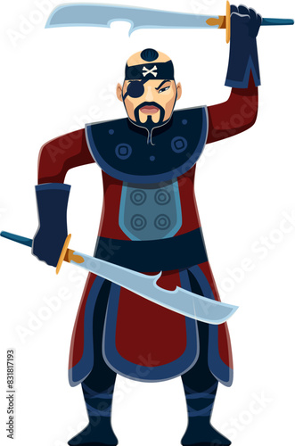 Cartoon Asian pirate or corsair character with blades. Vector oriental filibuster or rover, boldly posing or attack with two raised swords, conveying a feeling of swashbuckling adventure and danger