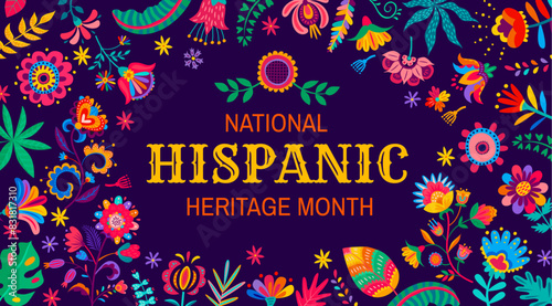 Festival or carnival banner with tropical flowers. National hispanic heritage month flyer with floral pattern vector frame border. Bright color flowers and plant leaves ethnic ornament poster