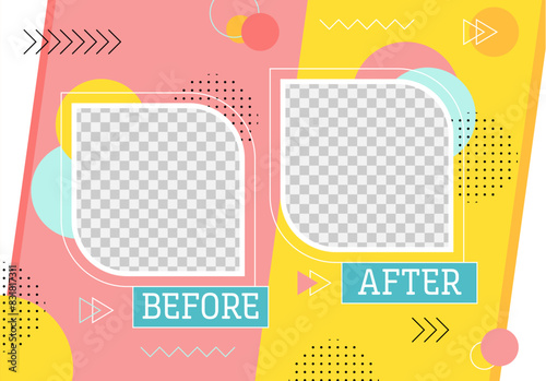 Before after template. Vector borders or photo frames for comparison in retro comic style, social media layouts, yellow and pink color background with Memphis style pattern and transparent copy space