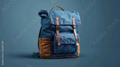 Blue canvas backpack with brown leather accents on a blue background.