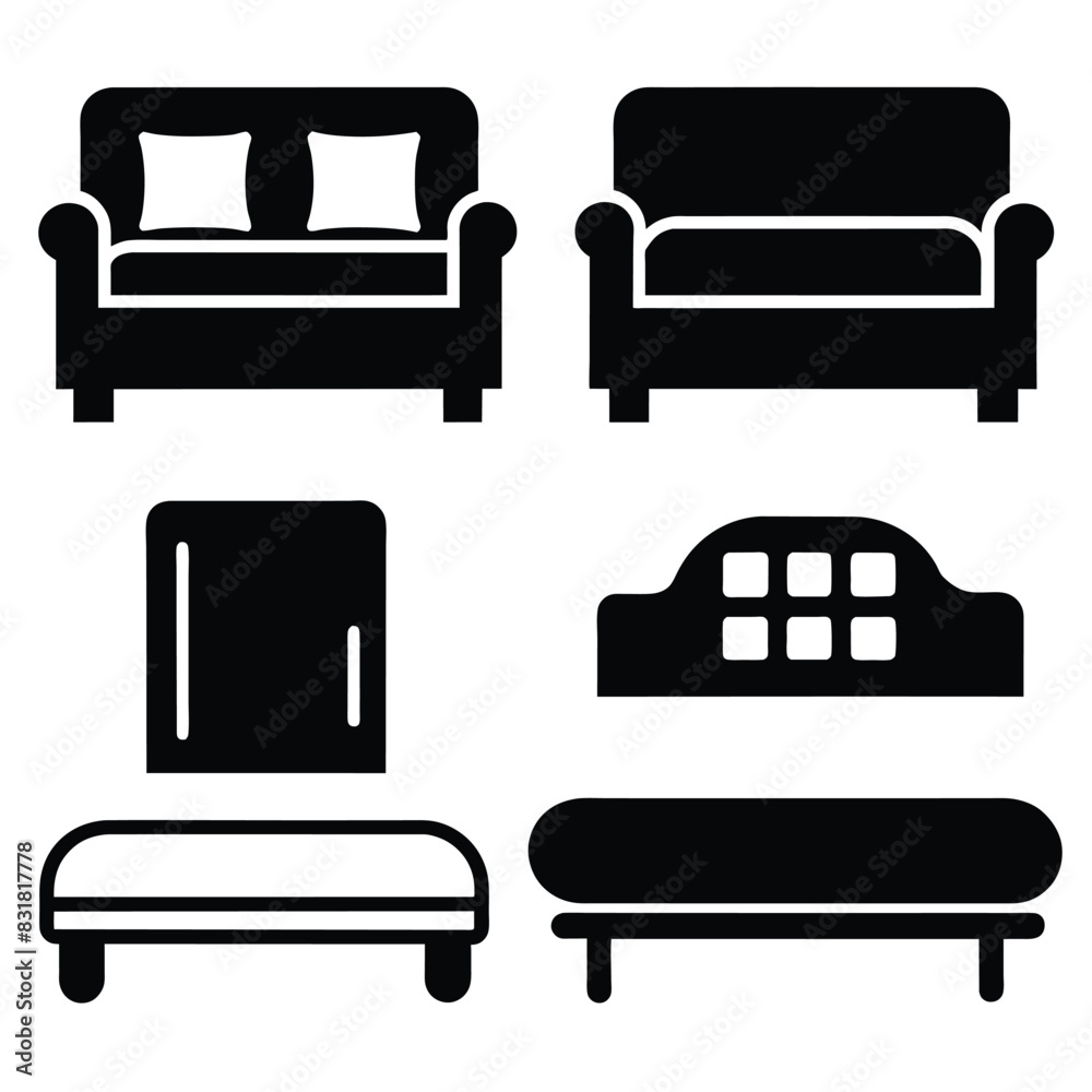 Set of Solid black outline bed icon, sleep vector, couch design